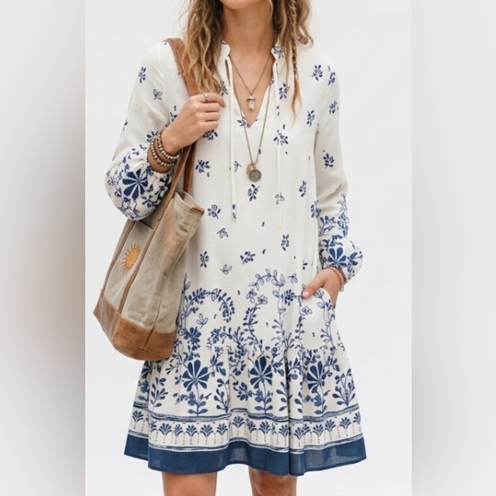 Rachel Zoe Blue White Floral Tie Neck Long Sleeve Tiered Mini Dress Small - Picture 1 of 11
